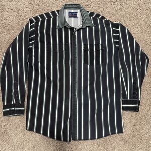 VTG Wrangler Shirt Men XLT Black Brushpopper Striped Faded Distress X-Long Tails
